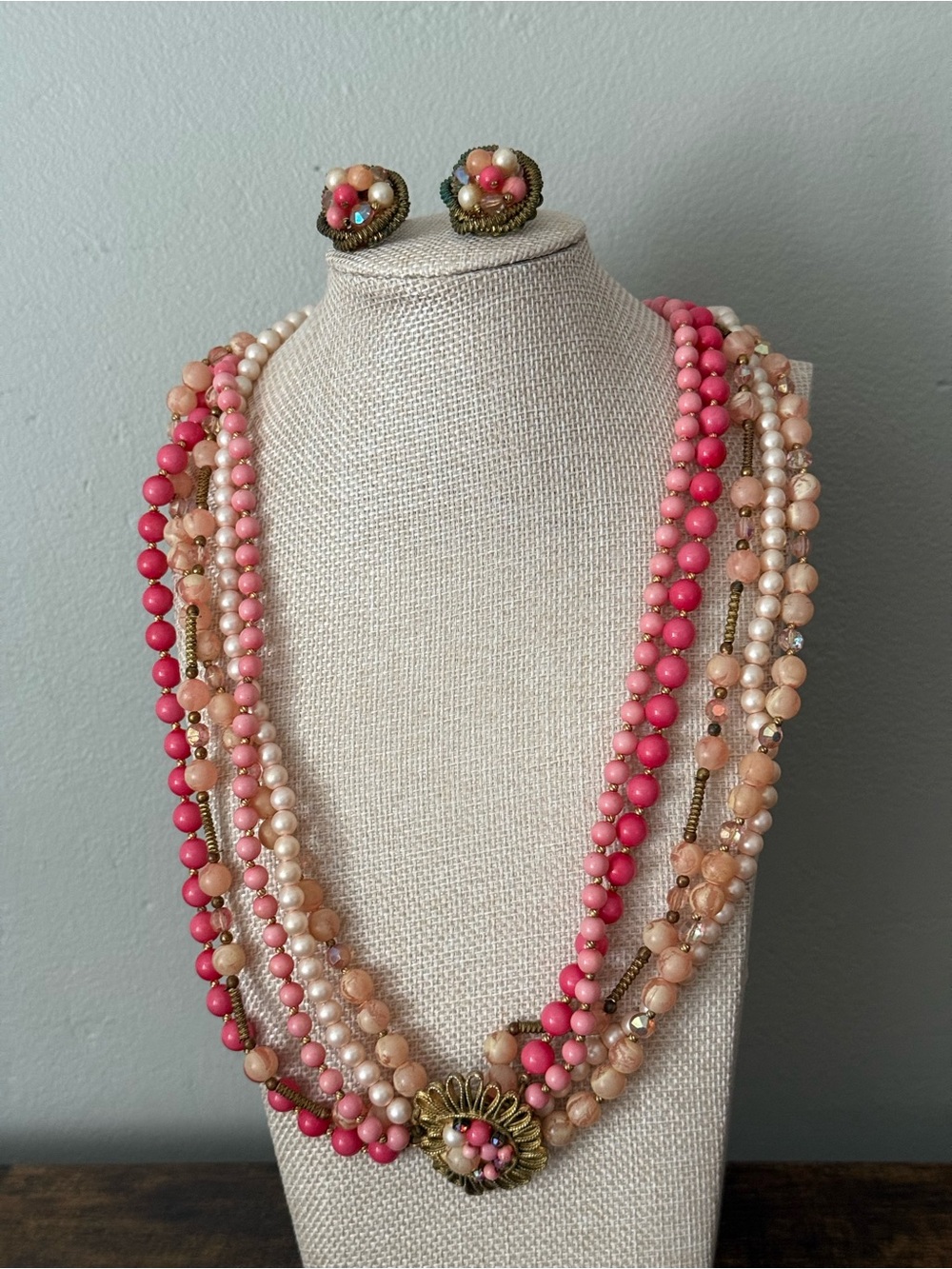 Vintage Japan Multistrand Pink and Peach Beaded Statement Necklace /Earrings